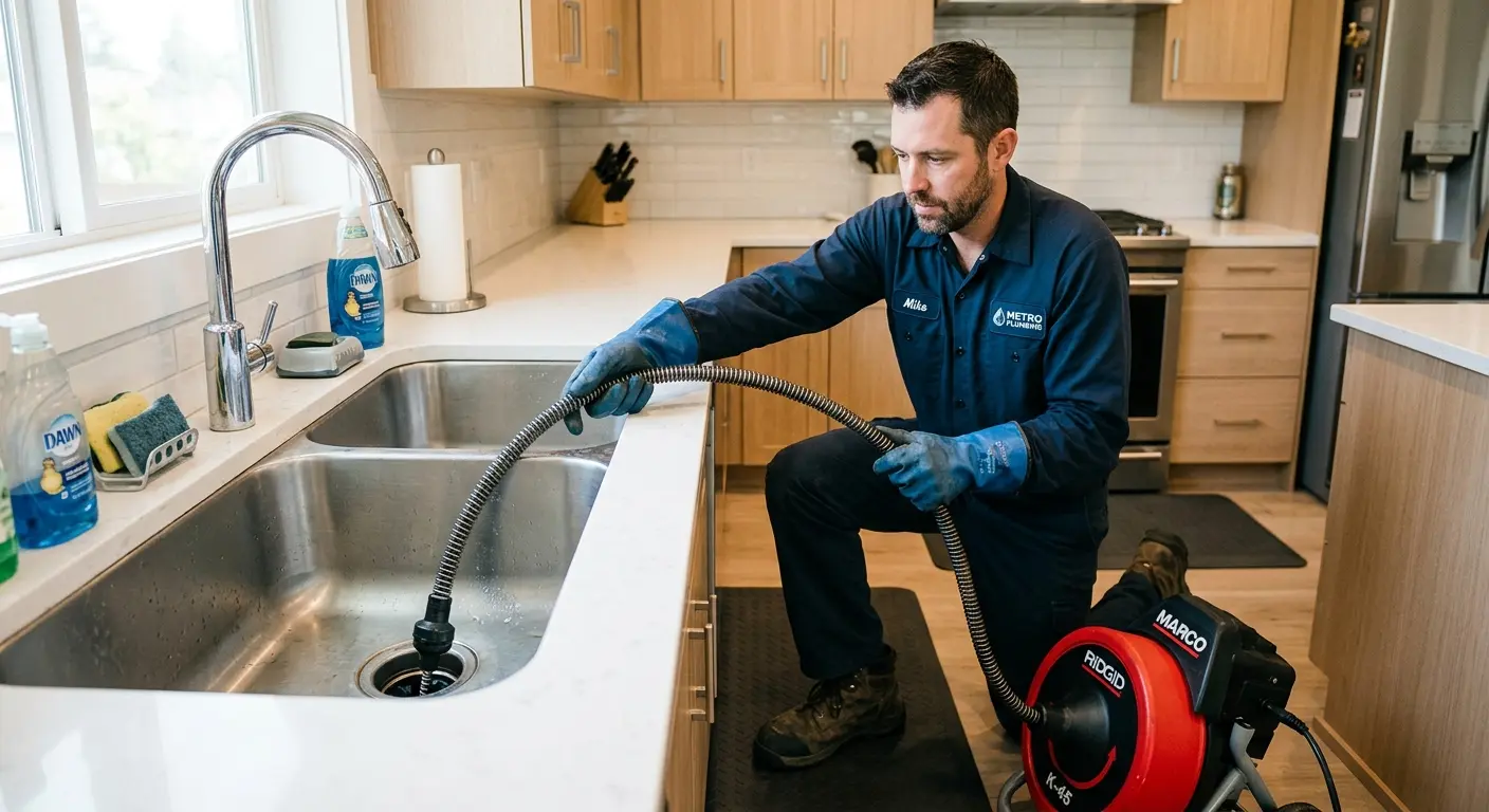 Drain cleaning technician using a motorized snake on a kitchen sink in Stoneham