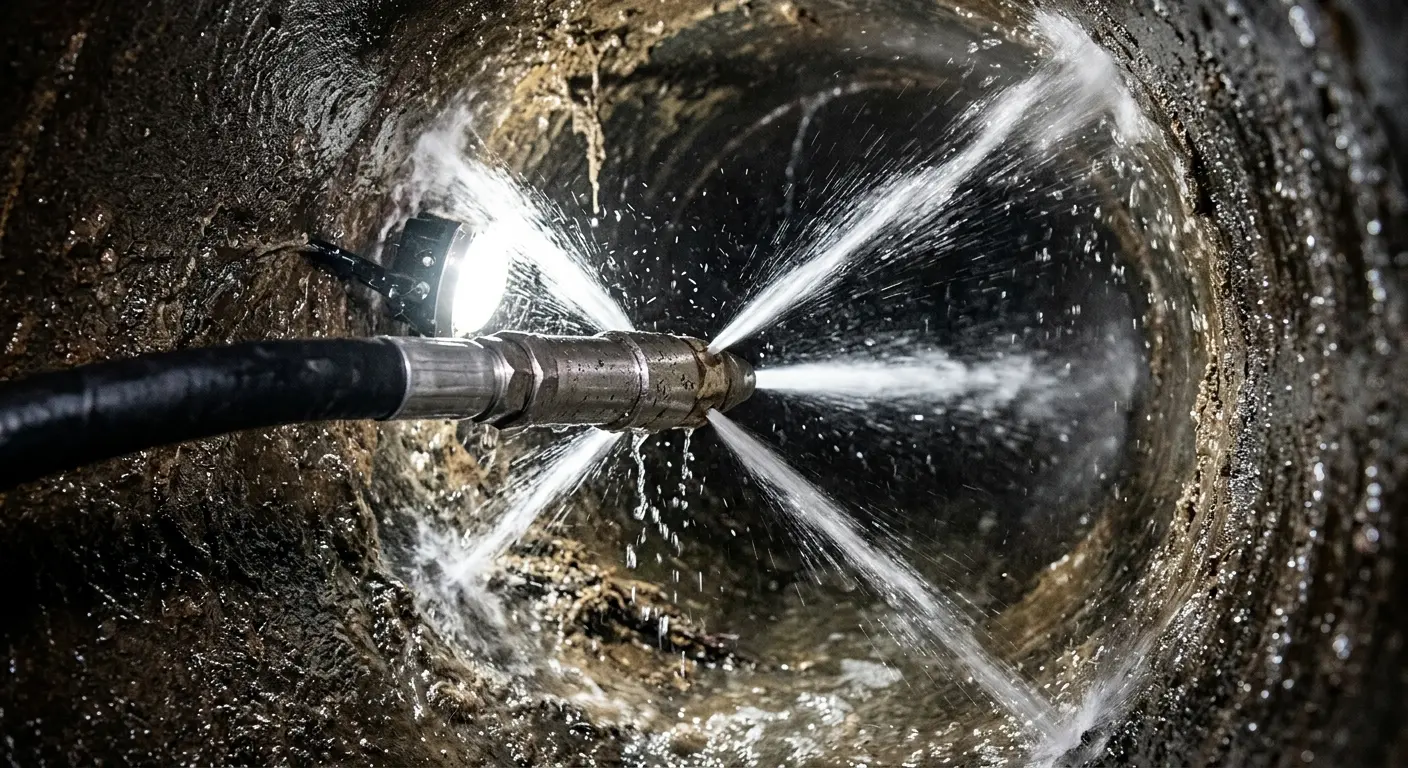 High-pressure hydro jetting nozzle cleaning sewer pipe for Sewer Cleanout in Stoneham