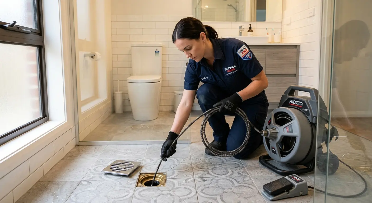 Technician clearing a bathroom floor drain for Drain Cleaning in Stoneham